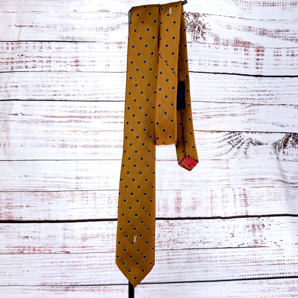 Yves Saint Laurent Mens Silk Tie Mustard Gold Navy Polka Dot Medallion YSL Logo